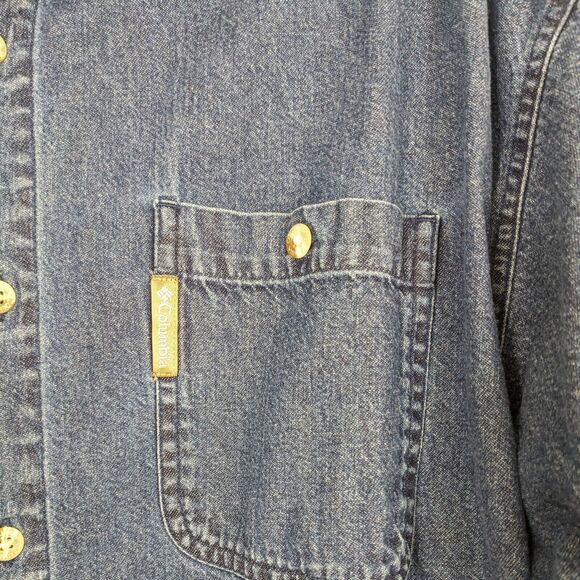Vintage Columbia Button Up Shirt L Blue Tan Work Workwear 90s Jean Denim Western - Picture 4 of 9